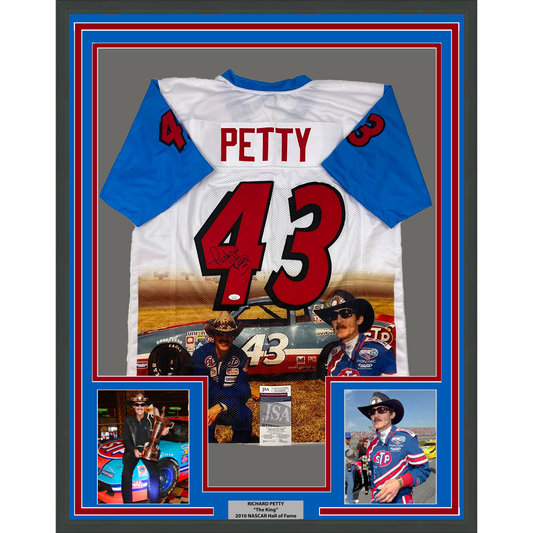Framed Autographed/Signed Richard Petty 35x39 NASCAR Auto Racing White Photo Jersey JSA COA