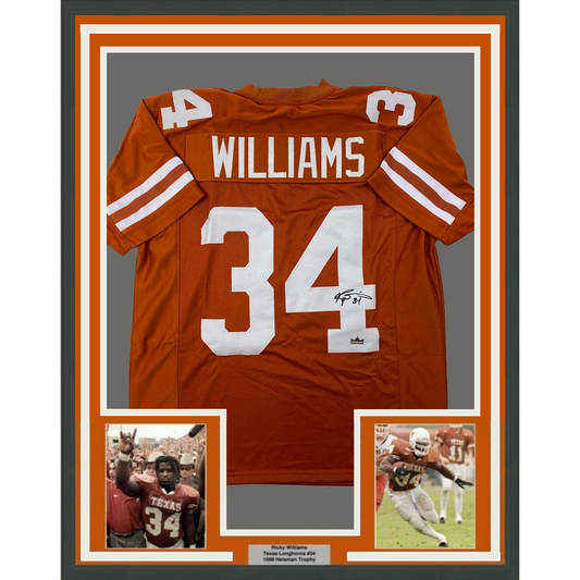 Framed Facsimile Autographed Ricky Williams 35x39 Texas Orange Reprint Laser Auto College Football Jersey