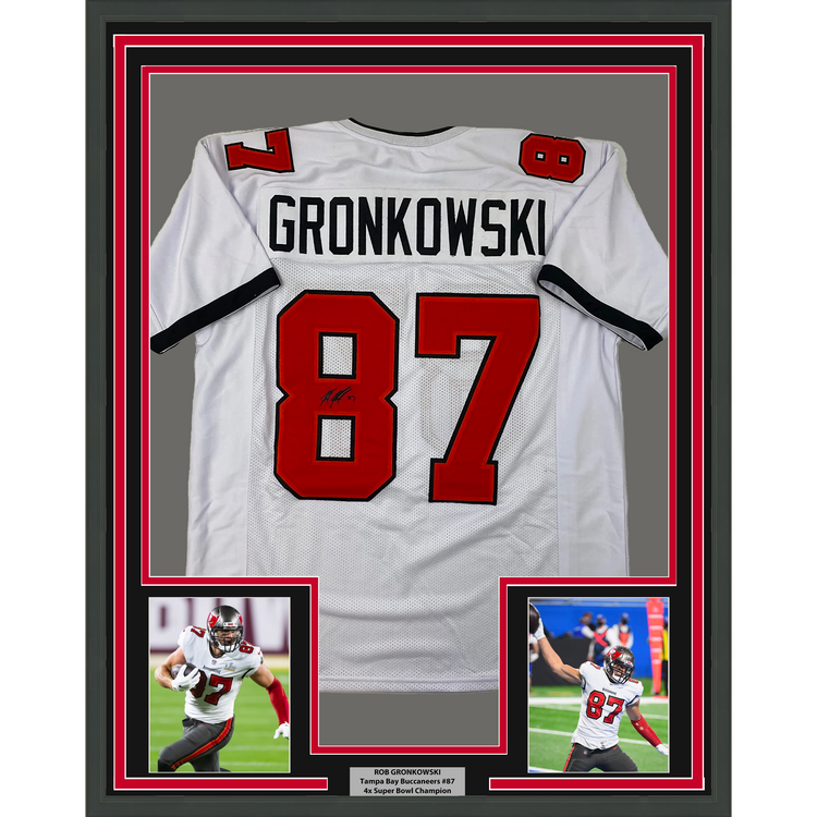 Framed Facsimile Autographed Rob Gronk Gronkowski 35x39 Tampa Bay White Reprint Laser Auto Football Jersey Size Men's XL