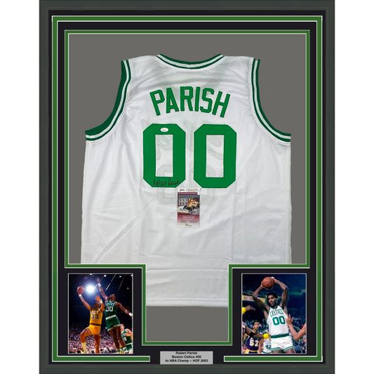 Framed Autographed/Signed Robert Parish 35x39 Boston White Basketball Jersey JSA COA
