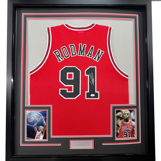 Framed Autographed/Signed Dennis Rodman 35x39 Chicago Red Basketball Jersey JSA COA