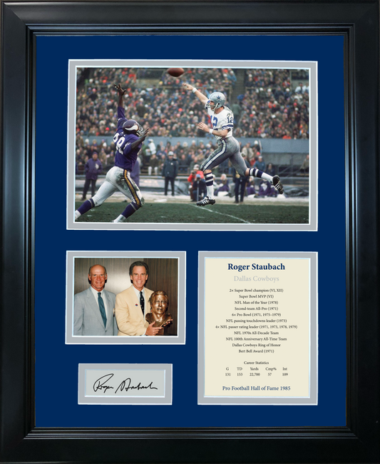 Framed Roger Staubach Hall of Fame Facsimile Laser Engraved Signature Auto Dallas Cowboys 11"x14"Photo Sig Collage