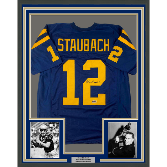 Framed Facsimile Autographed Roger Staubach 35x39 Navy Blue Reprint Laser Auto College Football Jersey