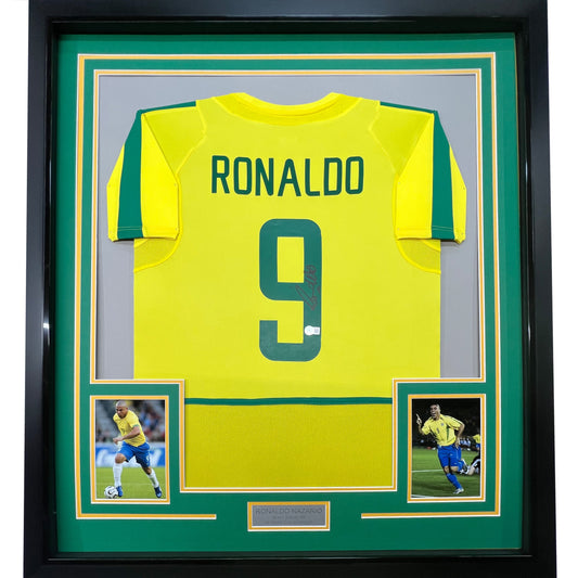 Framed Autographed/Signed Ronaldo Nazario 35x39 Brazil Yellow Soccer Jersey Beckett BAS COA