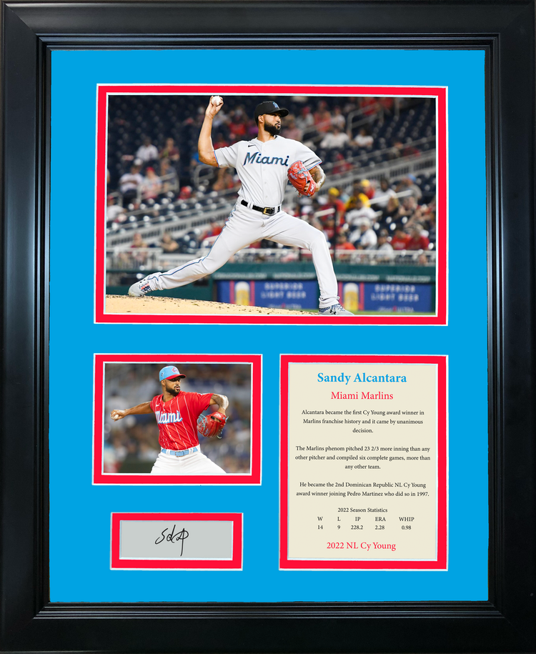 Framed Sandy Alcantara NL Cy Young 2022 Facsimile Laser Engraved Signature Auto Miami Marlins Baseball 11"x14"Photo Sig Collage