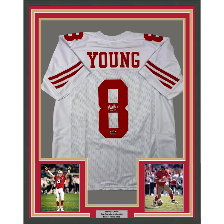 Framed Facsimile Autographed Steve Young 35x39 San Francisco White Reprint Laser Auto Football Jersey Size Men's XL