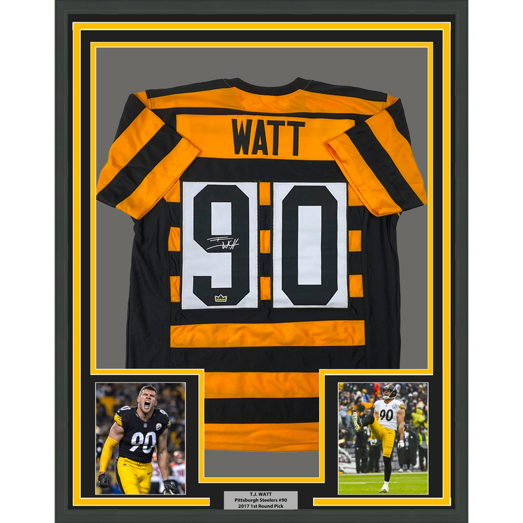 Framed Facsimile Autographed T.J. TJ Watt 35x39 Pittsburgh Bumble Bee Reprint Laser Auto Football Jersey