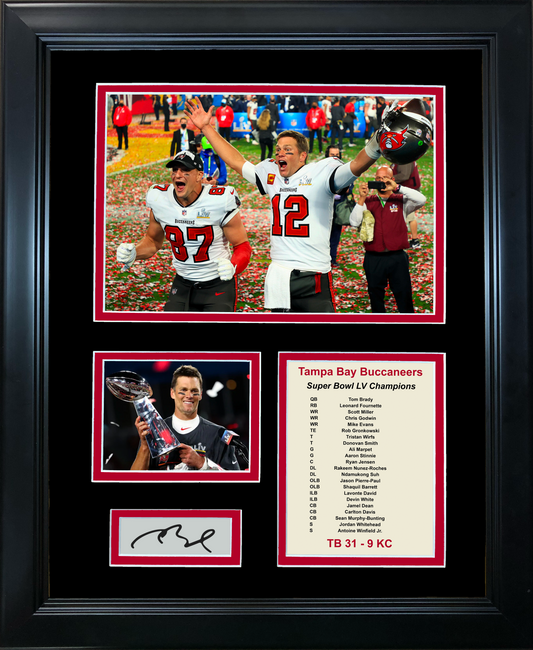 Framed Tampa Bay Buccaneers Super Bowl LV Champions Tom Brady Facsimile Laser Engraved Signature Auto Football 11"x14" Photo Sig Collage