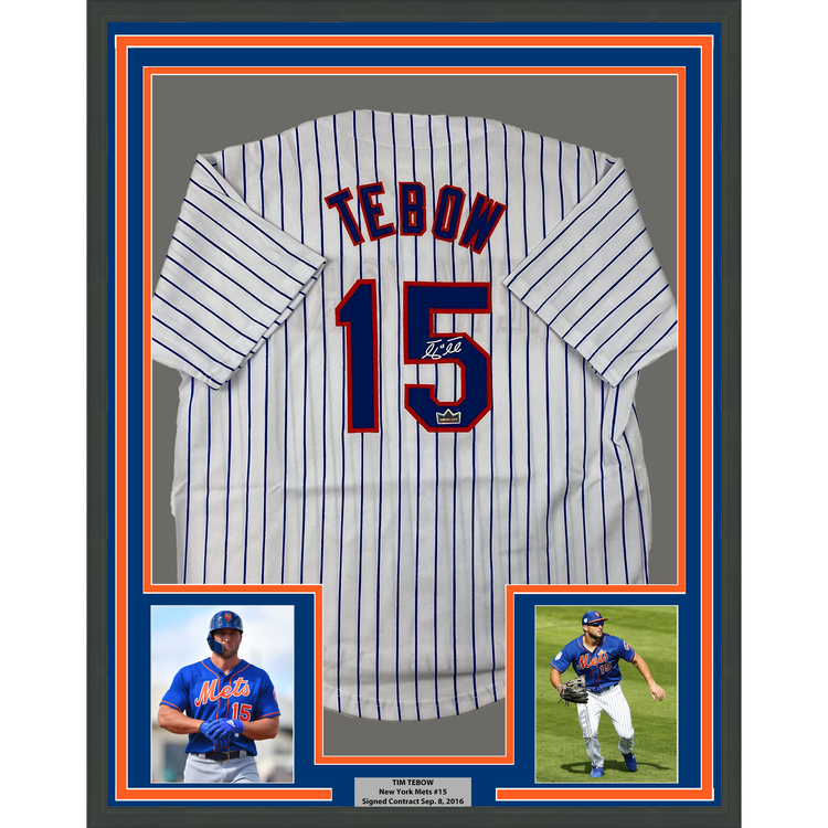 Framed Facsimile Autographed Tim Tebow 35x39 New York Pinstripe Reprint Laser Auto Baseball Jersey Size Men's XL