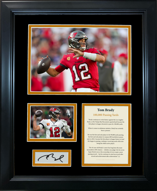 Framed Tom Brady 100K Passing Yards Record Facsimile Laser Engraved Signature Auto Tampa Bay Buccaneers Football 11"x14" Photo Sig Collage