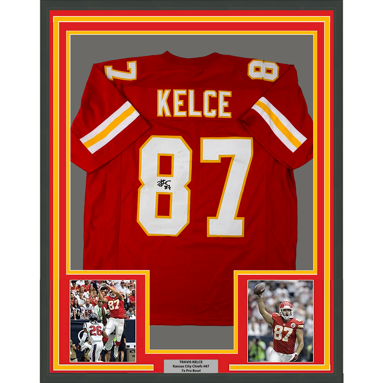 Framed Facsimile Autographed Travis Kelce 35x39 Kansas City Red Reprint Laser Auto Football Jersey Size Men's XL