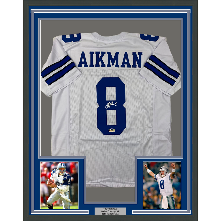 Framed Facsimile Autographed Troy Aikman 35x39 Dallas White Reprint Laser Auto Football Jersey Size Men's XL