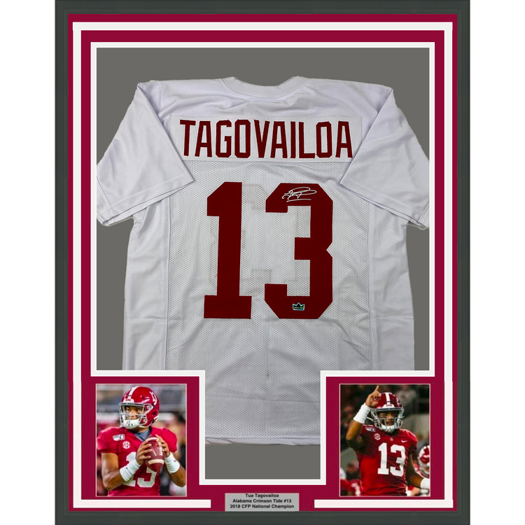 Framed Facsimile Autographed Tua Tagovailoa 35x39 Alabama White Reprint Laser Auto College Football Jersey