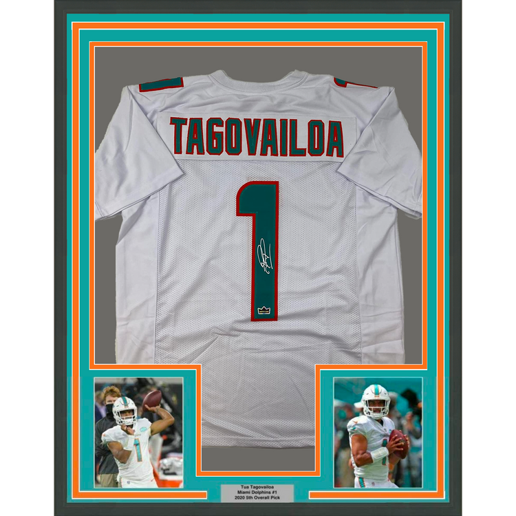 Framed Facsimile Autographed Tua Tagovailoa 35x39 Miami White Reprint Laser Auto Football Jersey