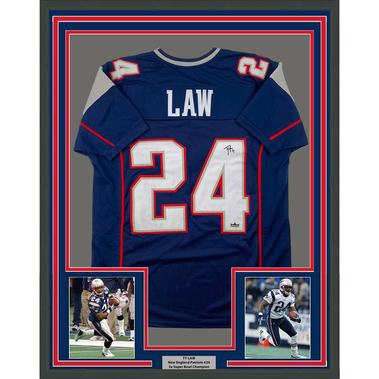 Framed Facsimile Autographed Ty Law 35x39 New England Blue Reprint Laser Auto Football Jersey
