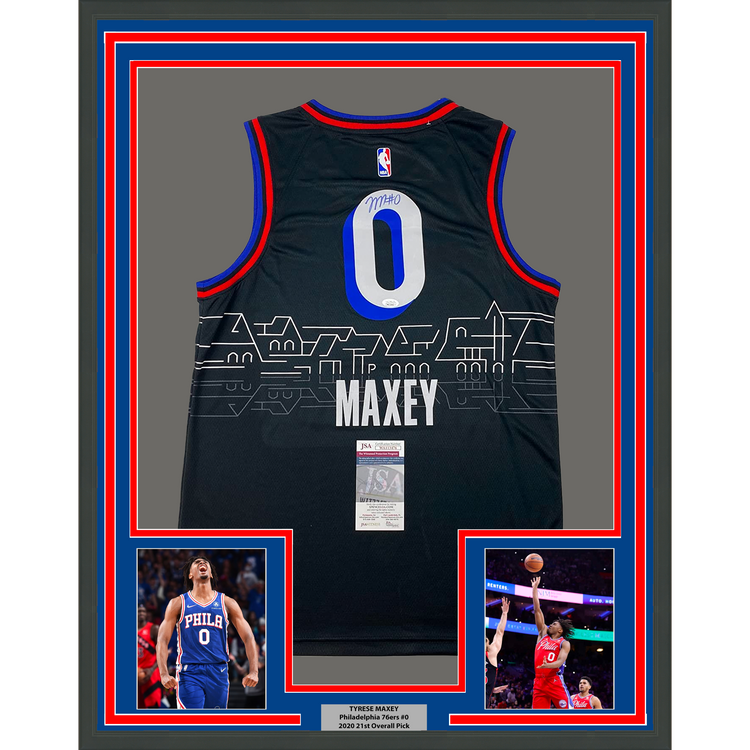 Framed Autographed/Signed Tyrese Maxey 35x39 Philadelphia 76ers Sixers Black City Edition Basketball Jersey JSA COA