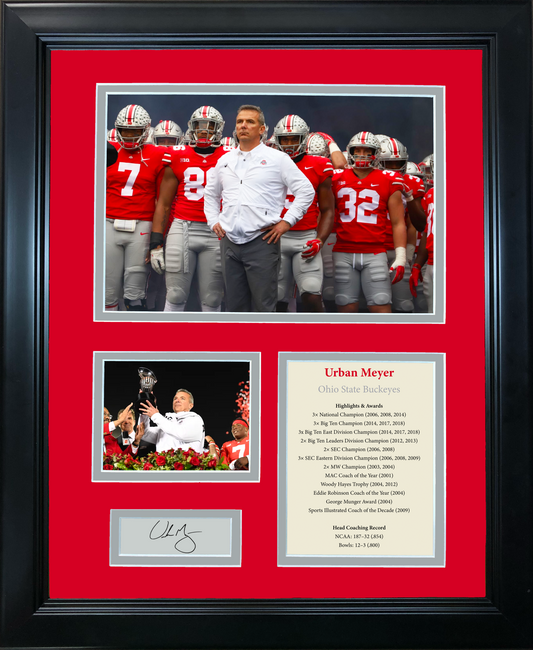Framed Urban Meyer Hall of Fame Facsimile Laser Engraved Signature Auto OSU Ohio State Buckeyes 11"x14" College Football Photo Sig Collage
