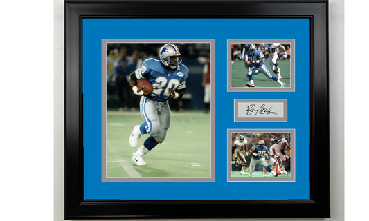 Framed Barry Sanders Detroit Lions Facsimile Laser Engraved Signature Football 14x11 3 Photo Collage