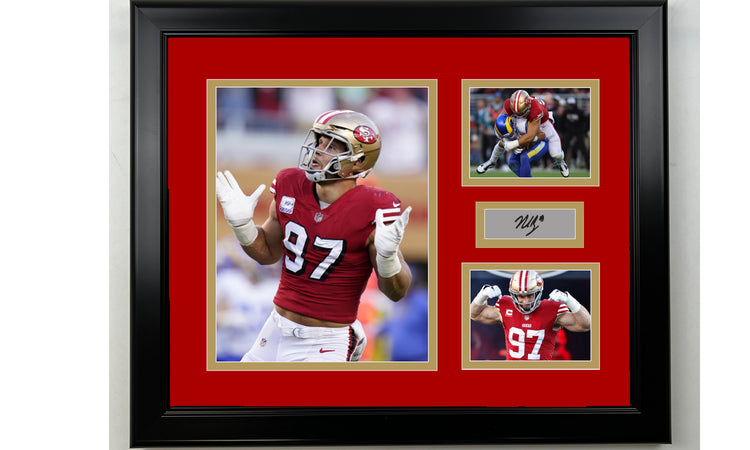 Framed San Francisco 49ers Nick Bosa Facsimile Laser Engraved Signature Football 14x11 3 Photo Collage