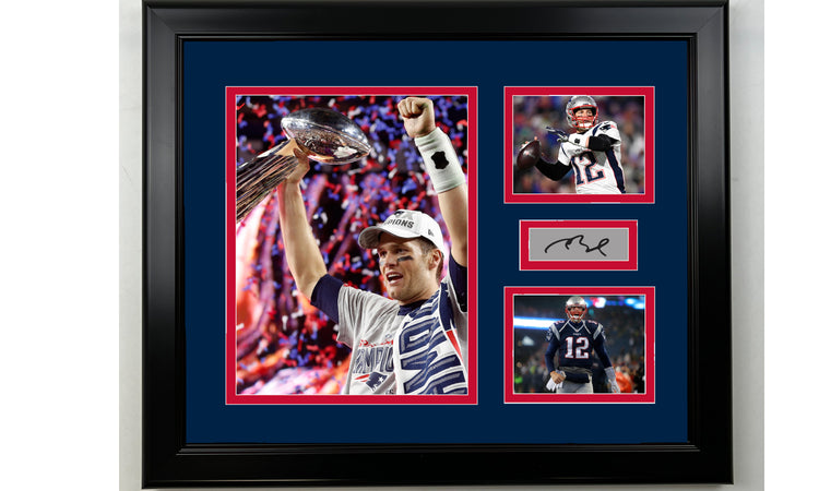 Framed Tom Brady New England Patriots Facsimile Laser Engraved Signature Football 14x11 3 Photo Collage