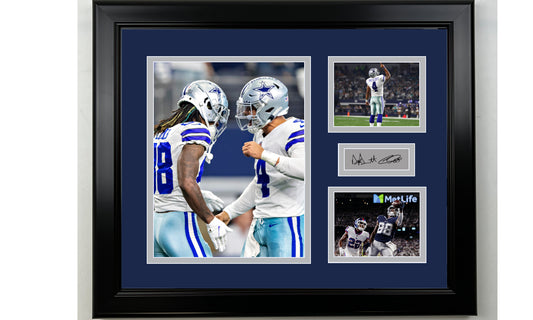 Framed Dak Prescott and CeeDee Lamb Dallas Cowboys Facsimile Laser Engraved Signature Football 14x11 3 Photo Collage