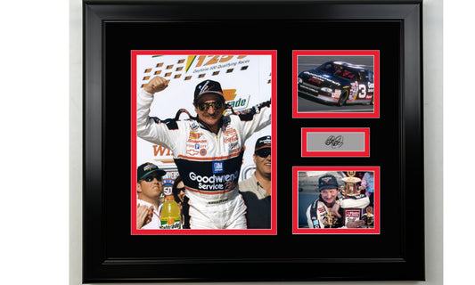 Framed Dale Earnhardt Sr. Facsimile Laser Engraved Signature NASCAR 14x11 3 Photo Collage