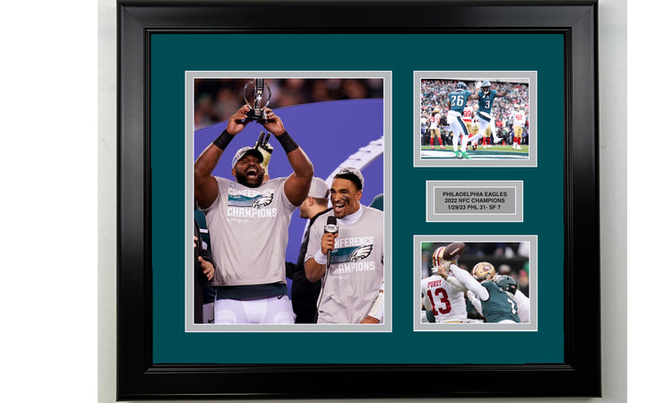 Framed Philadelphia Eagles 2022 NFC Champions Facsimile Laser Engraved Signature Football 14x11 3 Photo Collage