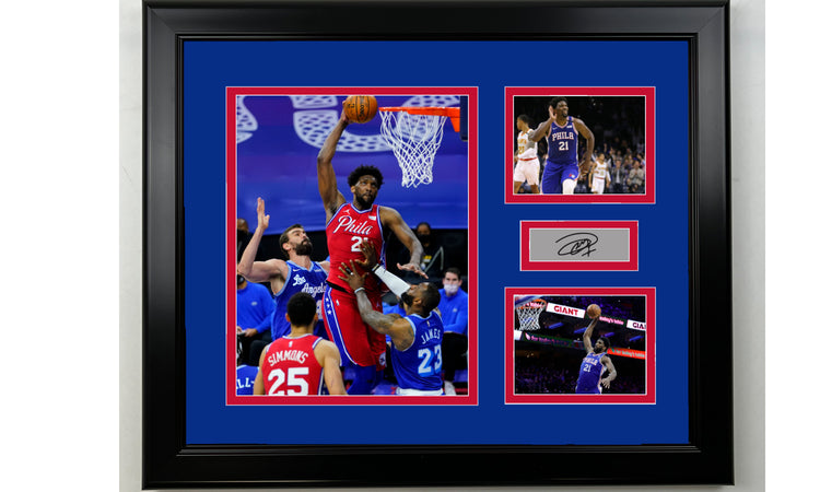 Framed Joel Embiid Philadelphia 76ers Facsimile Laser Engraved Signature Basketball 14x11 3 Photo Collage
