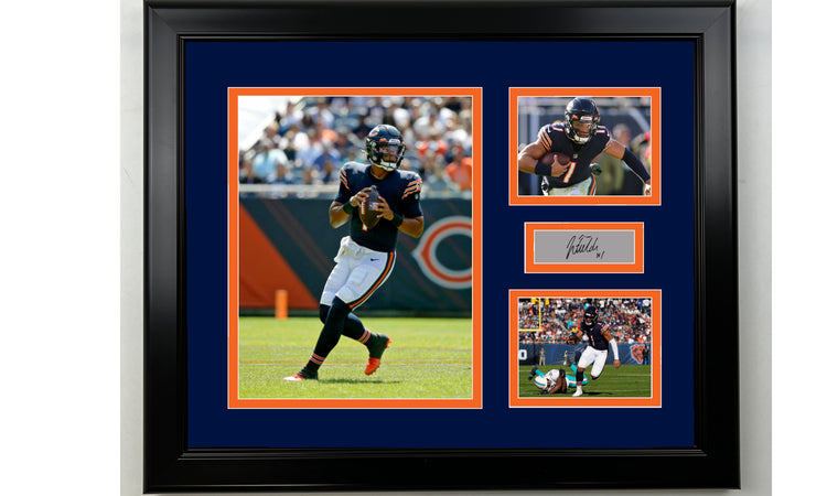 Framed Justin Fields Chicago Bears Facsimile Laser Engraved Signature Football 14x11 3 Photo Collage