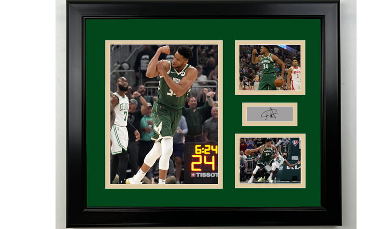 Framed Giannis Antetokounmpo Milwaukee Bucks Facsimile Laser Engraved Signature Basketball 14x11 3 Photo Collage