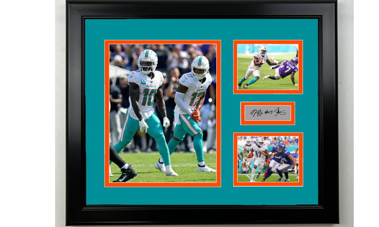 Framed Tyreek Hill & Jaylen Waddle Miami Dolphins Facsimile Laser Engraved Signature Football 14x11 3 Photo Collage