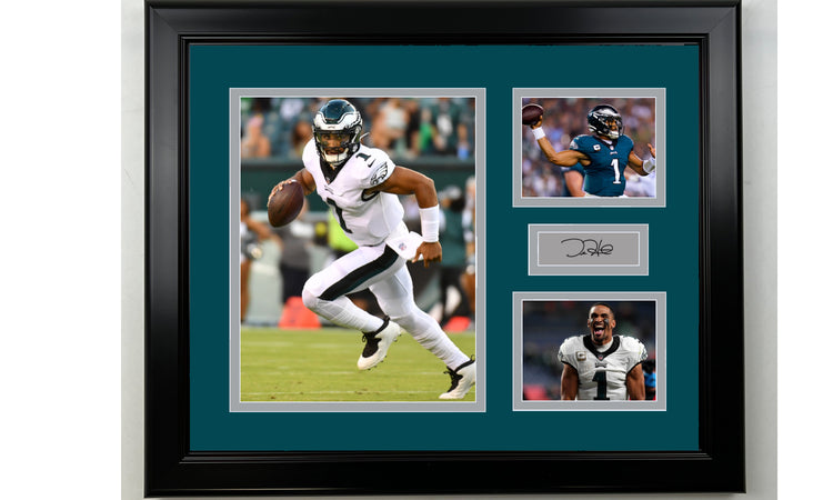 Framed Philadelphia Eagles Jalen Hurts Facsimile Laser Engraved Signature Football 14x11 3 Photo Collage