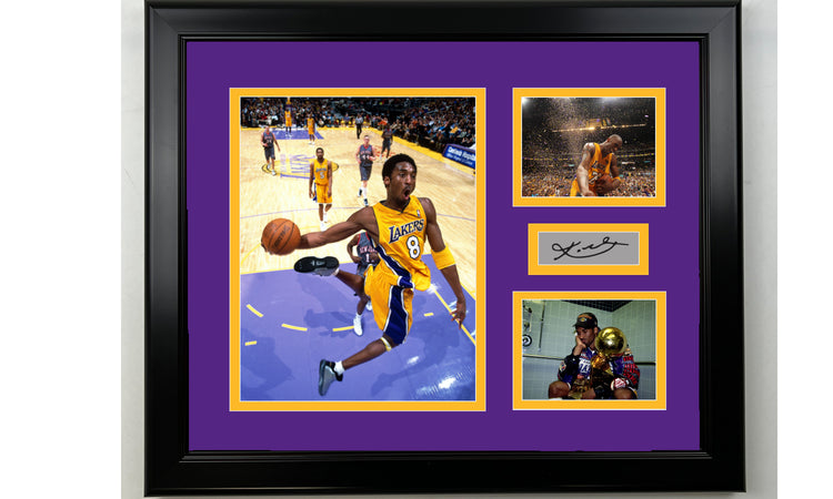 Framed Kobe Bryant Los Angeles Lakers Facsimile Laser Engraved Signature Basketball 14x11 3 Photo Collage