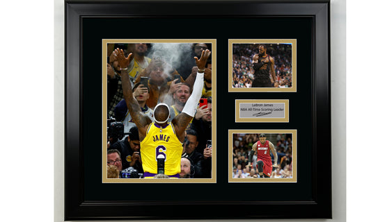 Framed LeBron James NBA Scoring Record Facsimile Laser Engraved Signature Basketball 14x11 3 Photo Collage
