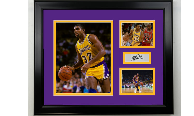 Framed Magic Johnson Los Angeles Lakers Facsimile Laser Engraved Signature Basketball 14x11 3 Photo Collage