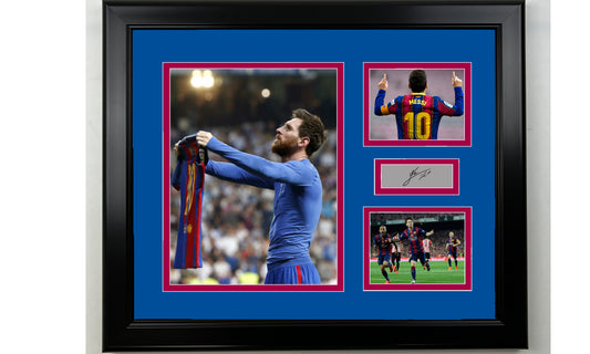 Framed Lionel Messi FC Barcelona Facsimile Laser Engraved Signature 14x11 3 Photo Collage