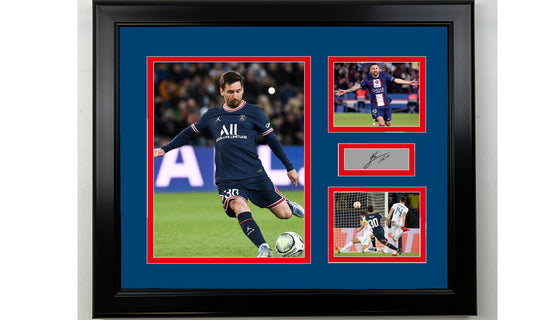 Framed Lionel Messi Paris Saint-Germain Facsimile Laser Engraved Signature 14x11 3 Photo Collage