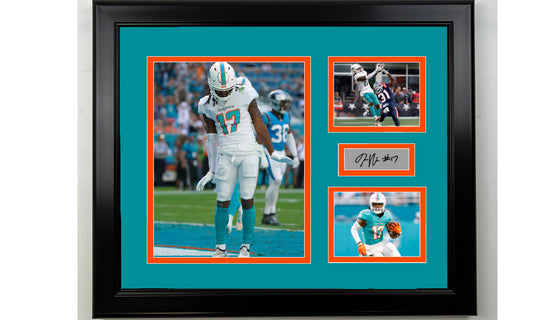 Framed Jaylen Waddle Miami Dolphins Facsimile Laser Engraved Signature Football 14x11 3 Photo Collage